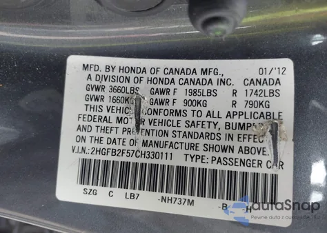 2012 Honda Civic Lx from USA, damaged, VIN 2HGFB2F57CH330111